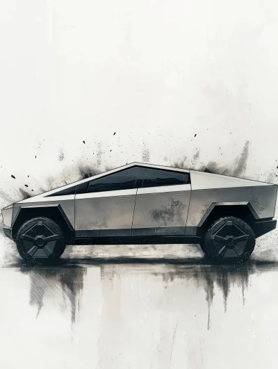 Silver Tesla Cyber Truck in Watercolor