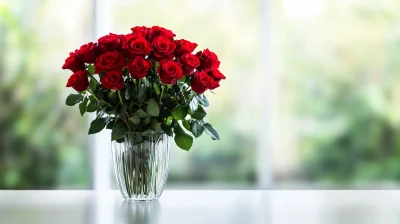 Fresh Red Roses in Glass Vase