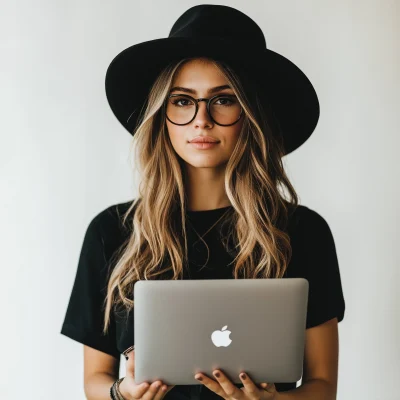 Confident Woman with Coffee and Laptop