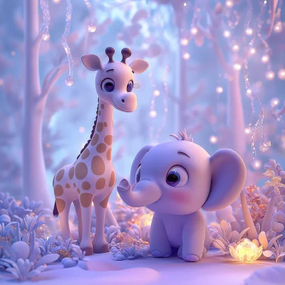 Cute Giraffe and Adorable Elephant in a Magical Forest