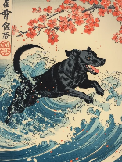 Black Lab in Ukiyo-e Style