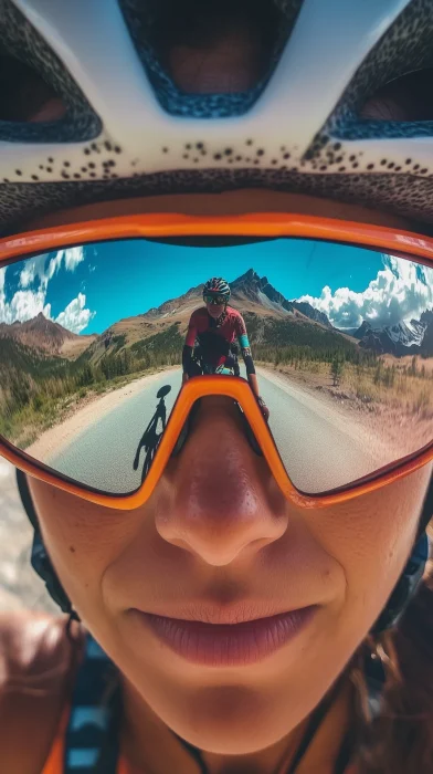 Female Cyclist with Mountain Reflection