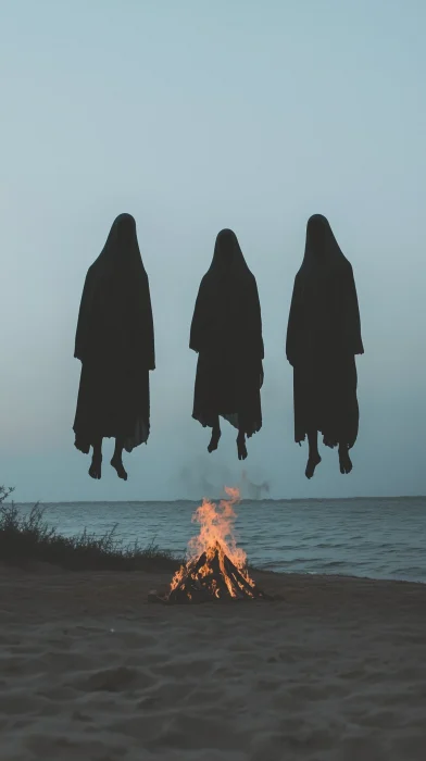 Mysterious Figures Around Bonfire