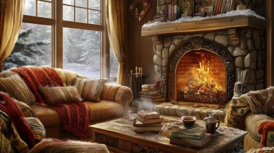 Cozy Fireplace Interior with Snow