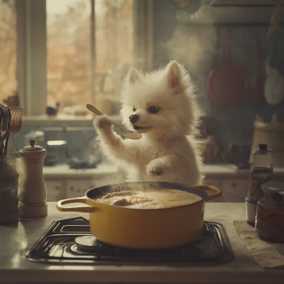 Cute Fluffy Dog Cooking