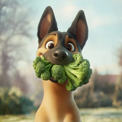 Cartoon Belgian Malinois with Broccoli