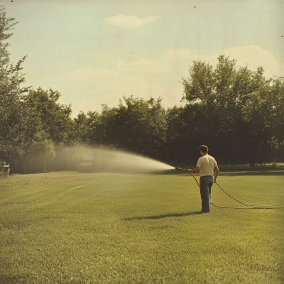 Man Spraying Garden Hose