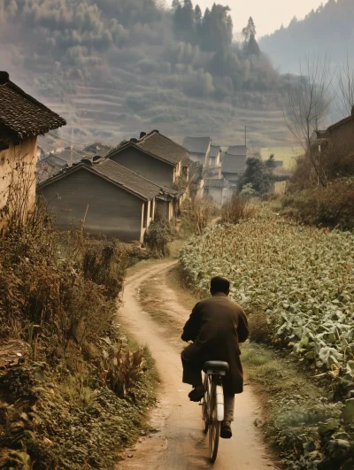 Man Riding Bicycle in Village