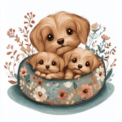 Cartoon Mama Dog and Puppies