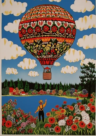 Hot Air Balloon Over Flower Garden