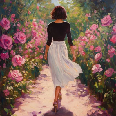 Woman Walking Through a Garden