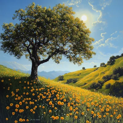 Sunlit Hill with Trees and Flowers