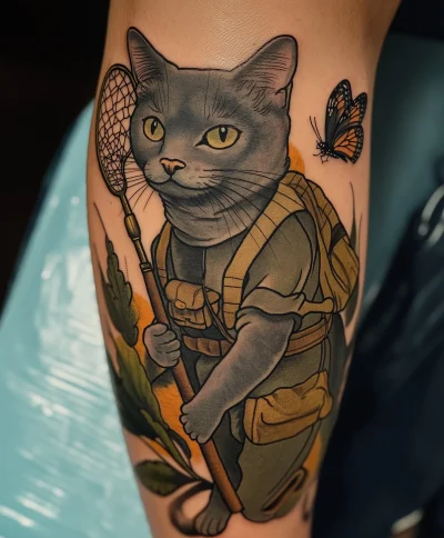 Tattoo of a Cat in Safari Outfit