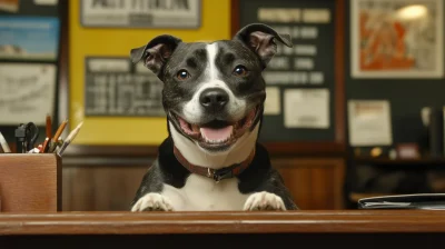 Smiling Dog at Desk