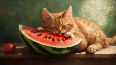 Cat Enjoying Watermelon