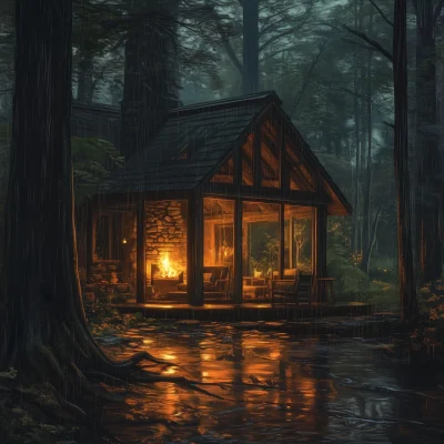 Cozy Forest Cabin on a Rainy Night