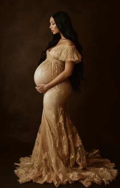 Pregnant Woman in Beige Dress