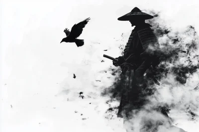 Samurai Silhouette with Crow