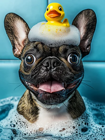 Playful French Bulldog in Bathtub