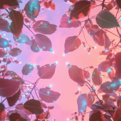 Iridescent Leaves in Pink Sky