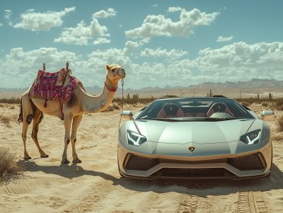 Lamborghini and Camels in the Desert