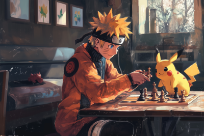 Naruto and Pikachu Playing Chess