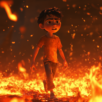 Boy Walking Through Fire