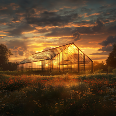Summer Sunset Over Greenhouse