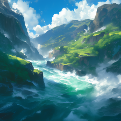 Raging River in Medieval Landscape