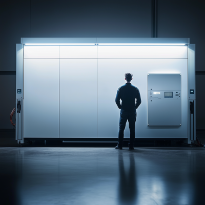 Proud Man in Front of Battery Storage