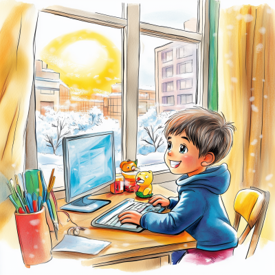 Boy Working on Computer in Winter