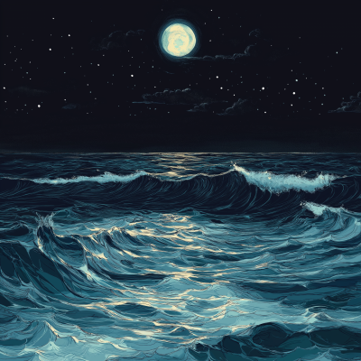 Ocean Waves Under Full Moon