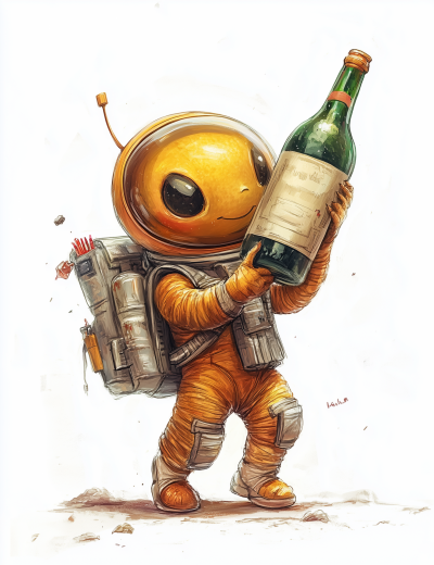 Cute Alien with Wine Bottle