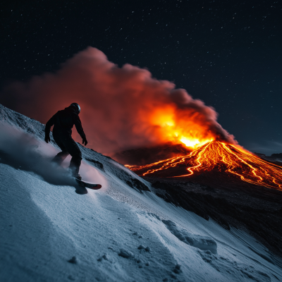 Snowboarding Next to Mt Etna Eruption