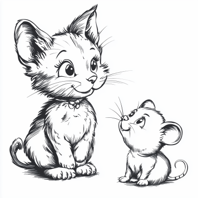 Cat and Mouse Line Art