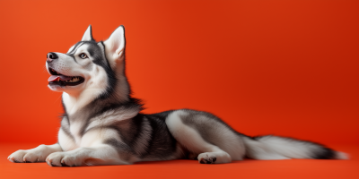 Happy Siberian Husky on Red Background