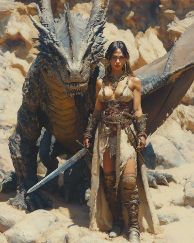 Fantasy Barbarian and Dragon
