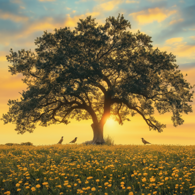 Sunset Birds in Oak Tree