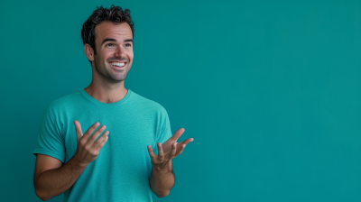 Playful Man in Turquoise Shirt