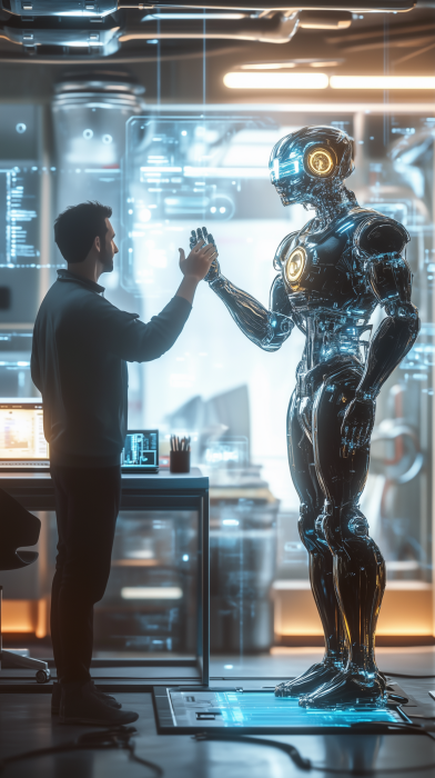 Man and Robot in Modern Room