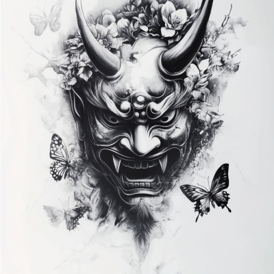 Japanese Oni Mask with Butterflies