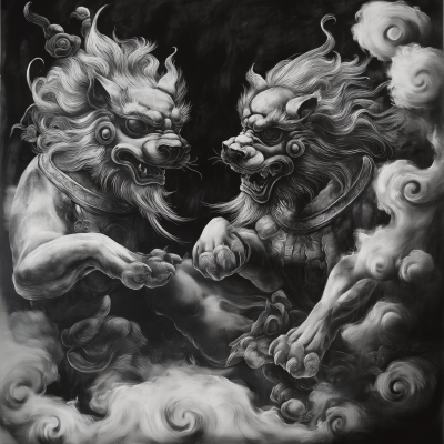 Japanese Foo Dogs Fighting