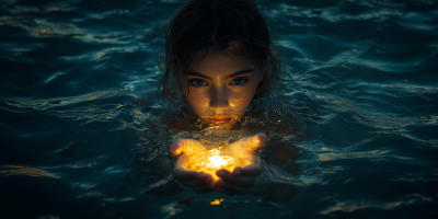 Girl Holding Light at Sea
