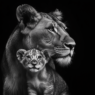 High Contrast Female Lion and Cub