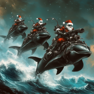 Cyborg Santas on Steampunk Vehicles