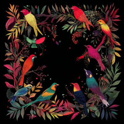 Colorful Birds with Leaves