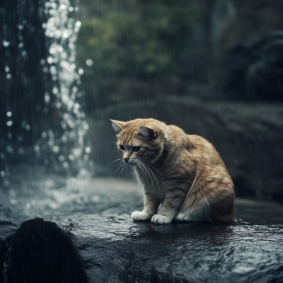 Sad Cat Moments Under the Waterfall