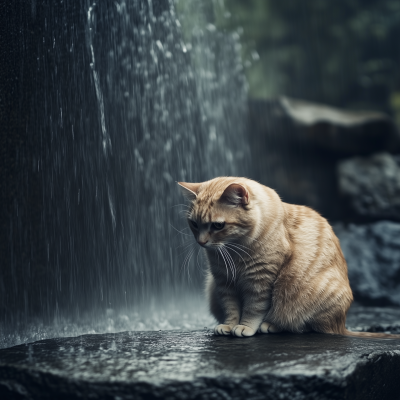 Sad Cat Moments Under the Waterfall