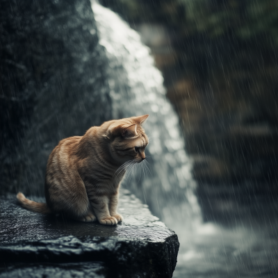 Sad Cat Moments Under the Waterfall