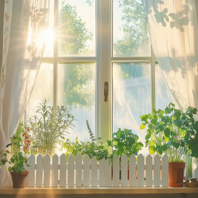 Sunny Window with Herbs and Flowers